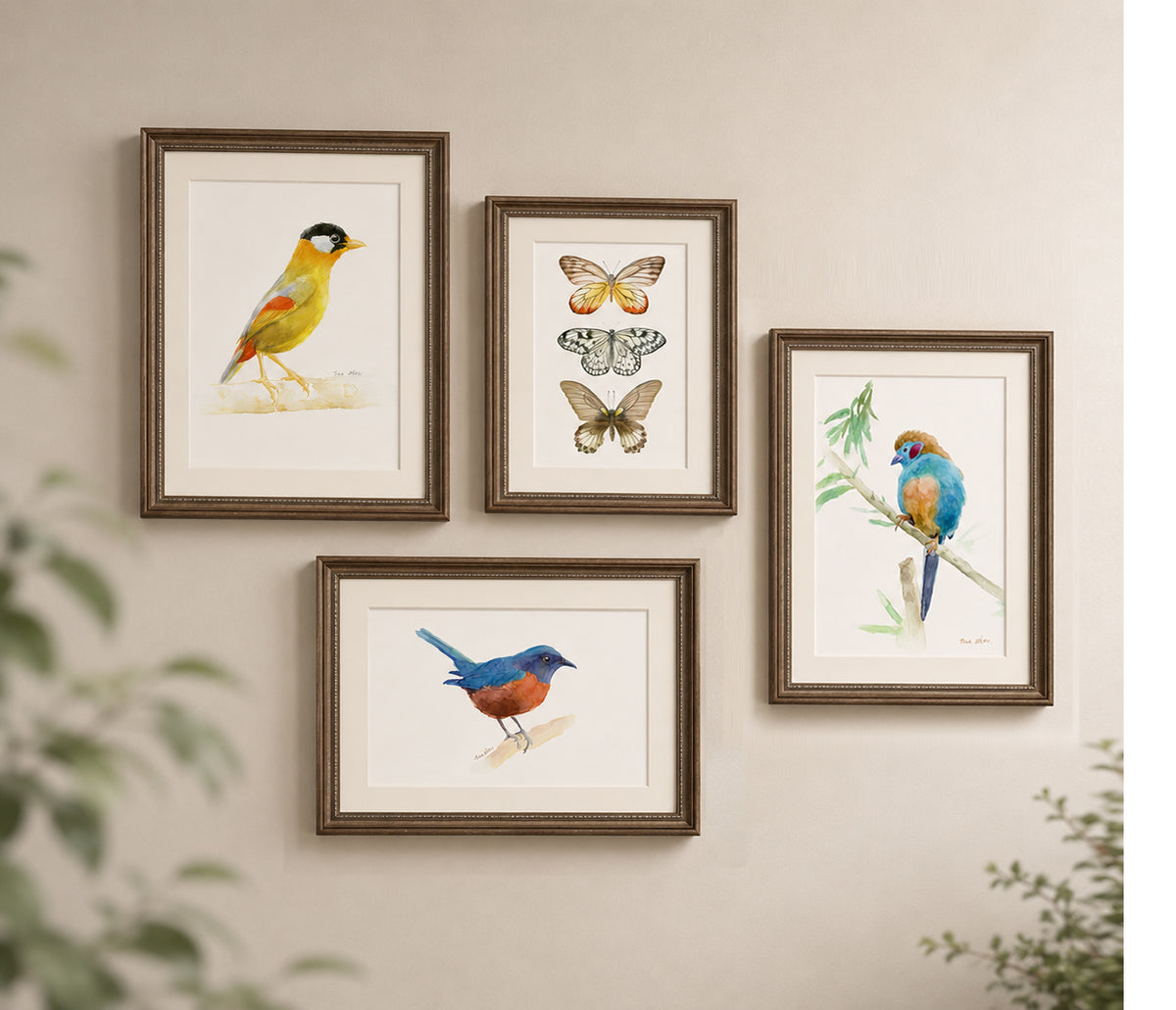 Watercolor Bird & Butterfly Art Print Set – Set of 4