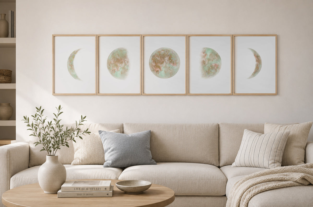 Celestial Moon Phase Gallery Wall — Five-Piece Print Set