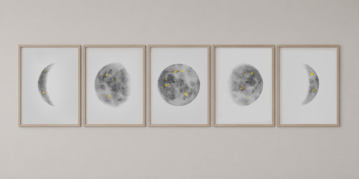 Above Bed Wall Art Moon Phases Wall Art Set Of 5 Prints