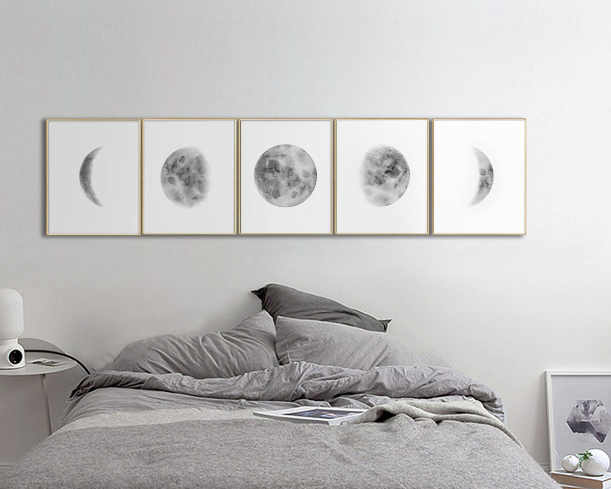 Above Bed Wall Art Moon Phases Wall Art Set Of 5 Prints