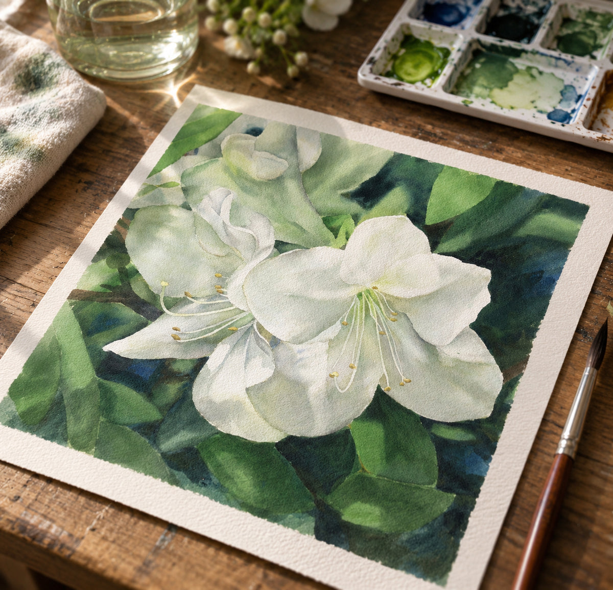 White Azaleas — Original Hand-Painted Watercolor