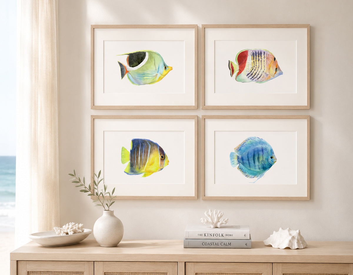 Set of 4 Tropical Fish Watercolor Prints | Marine Wall Art
