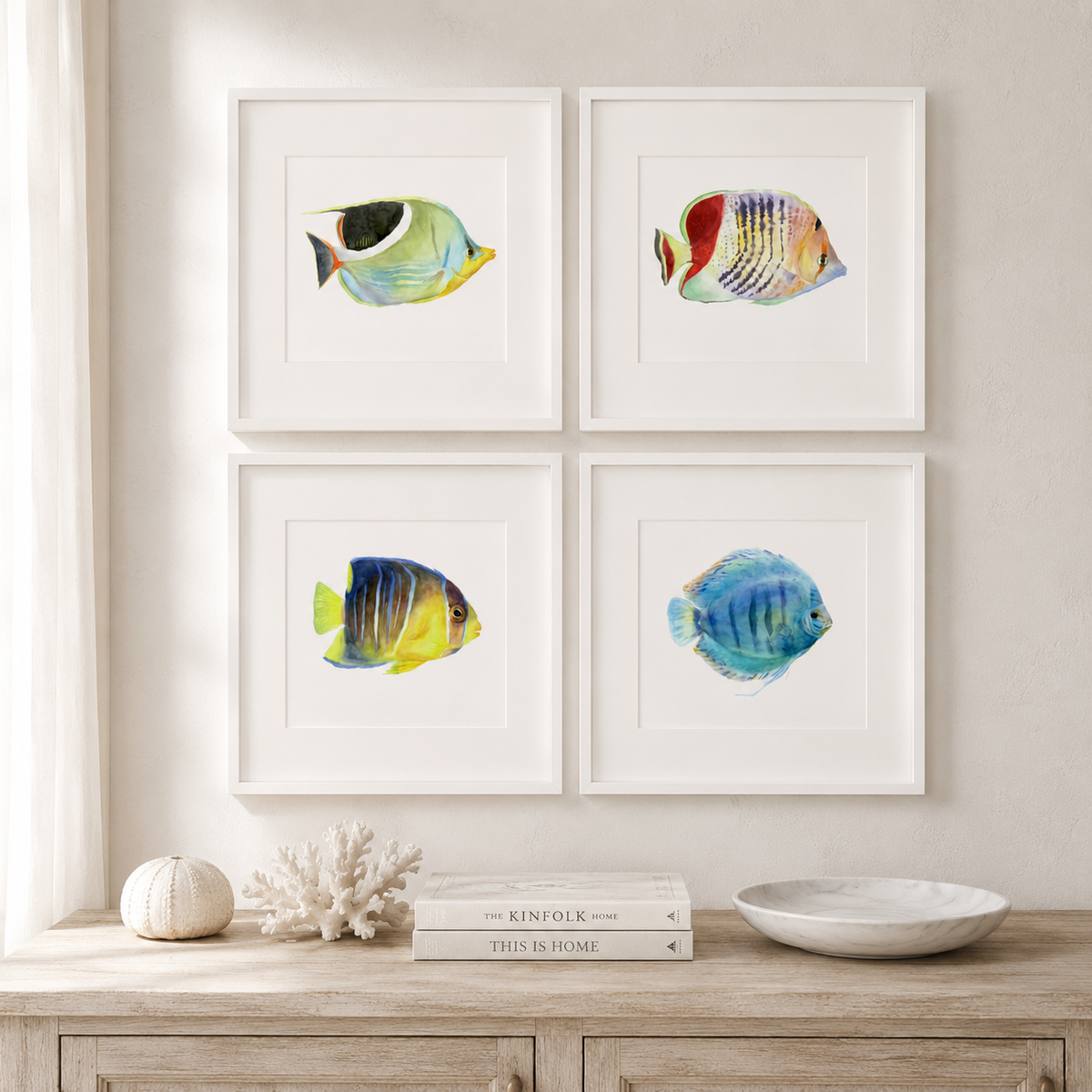 Set of 4 Tropical Fish Watercolor Prints | Marine Wall Art