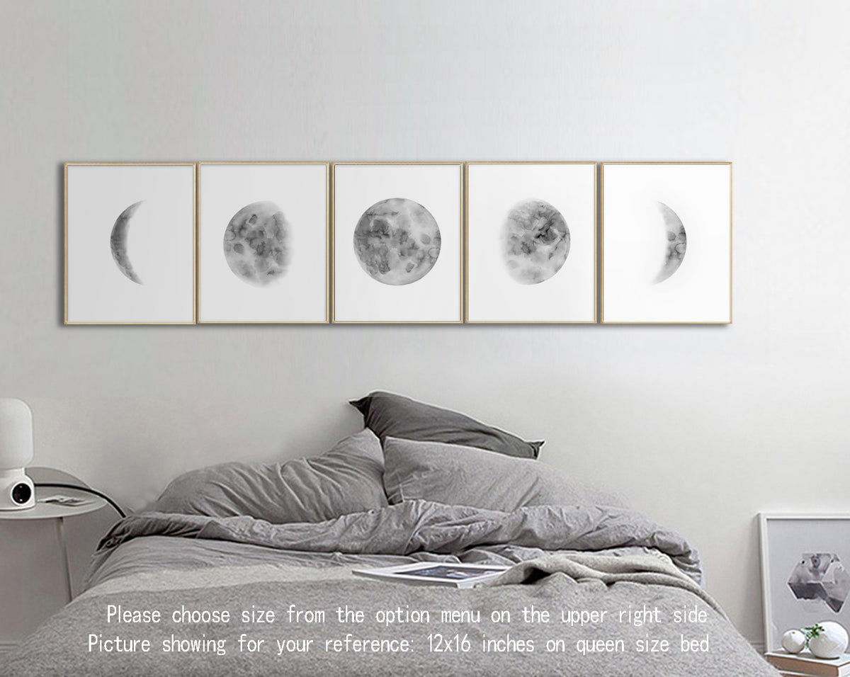 Above Bed Wall Art Moon Phases Wall Art Set Of 5 Prints
