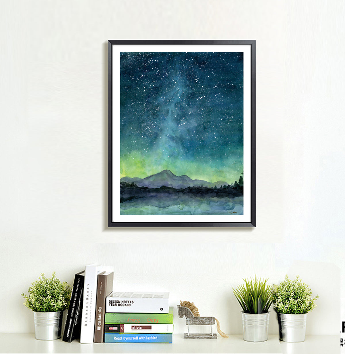 Aurora Night Sky Watercolor Art Print | Mountain & Stars Wall Art