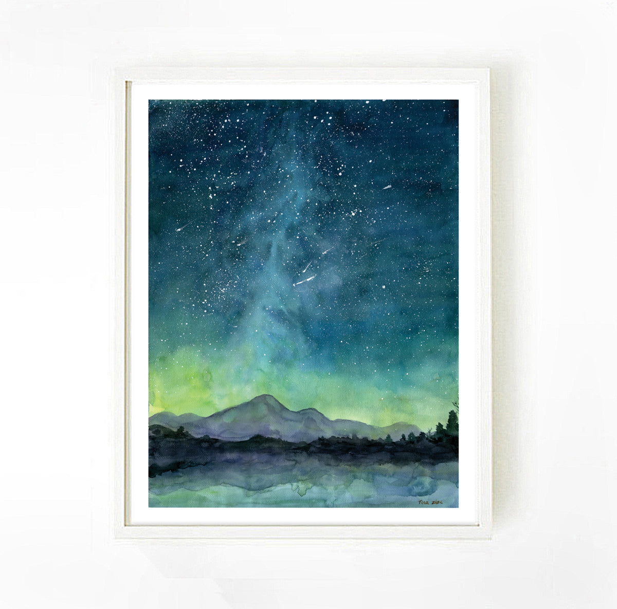 Aurora Night Sky Watercolor Art Print | Mountain & Stars Wall Art